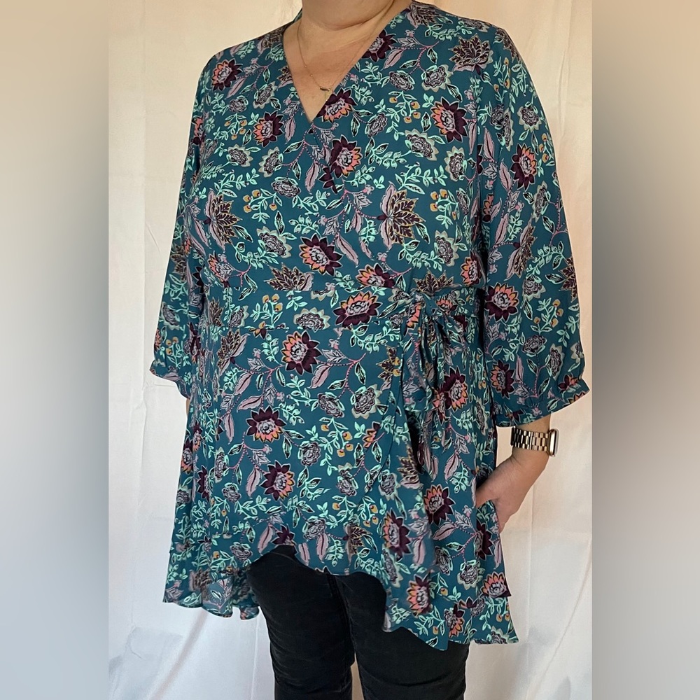 Teal Kimono Style Wrap with Flowers